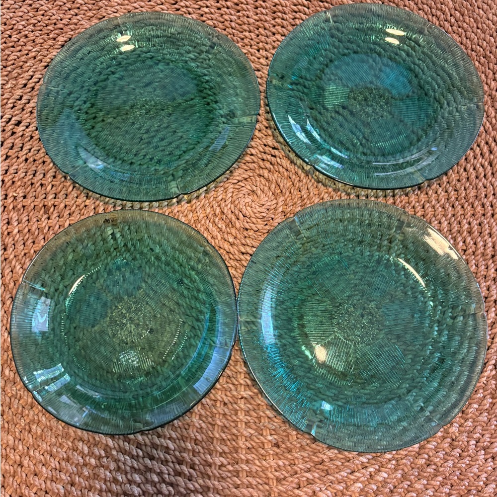 Vintage Forta Crisa Green Glass Dinnerware | 3 dinner plates + 1 salad bowl